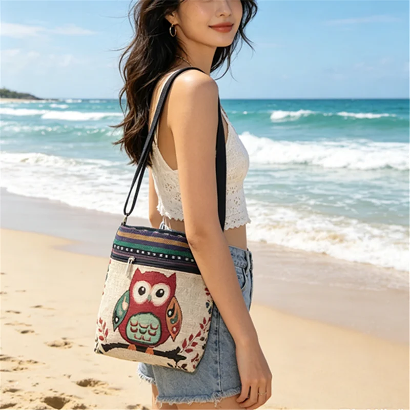 Bohemian Butterfly Canvas Crossbody Bag Adjustable Strap Ethnic Striped Zipper Purse Summer Beach Daily Women&rsquo;s Casual Handbag