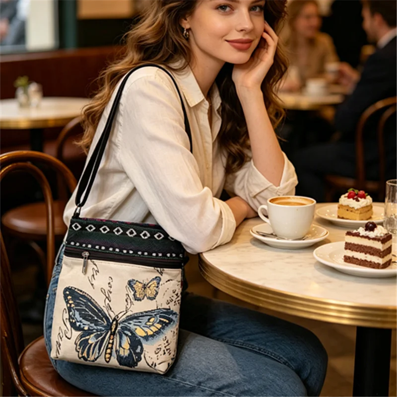 Bohemian Butterfly Canvas Crossbody Bag Adjustable Strap Ethnic Striped Zipper Purse Summer Beach Daily Women&rsquo;s Casual Handbag