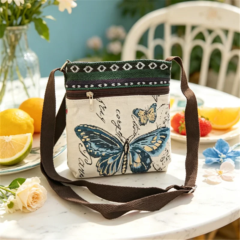 Bohemian Butterfly Canvas Crossbody Bag Adjustable Strap Ethnic Striped Zipper Purse Summer Beach Daily Women&rsquo;s Casual Handbag