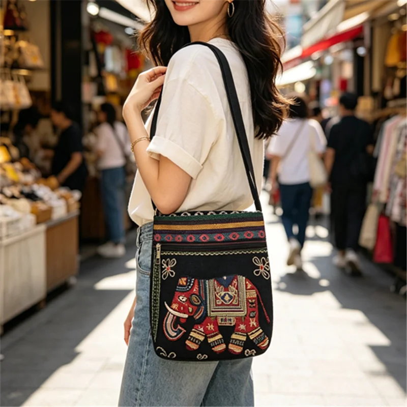 Bohemian Butterfly Canvas Crossbody Bag Adjustable Strap Ethnic Striped Zipper Purse Summer Beach Daily Women&rsquo;s Casual Handbag