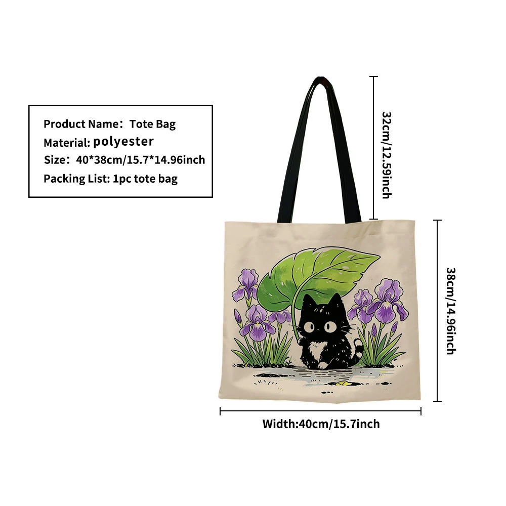 Cute Black Kitten Iris Flower Canvas Tote Bag &ndash; Adorable Cat Holding Leaf Umbrella Floral Print, Eco-Friendly Soft Shoulder Bag