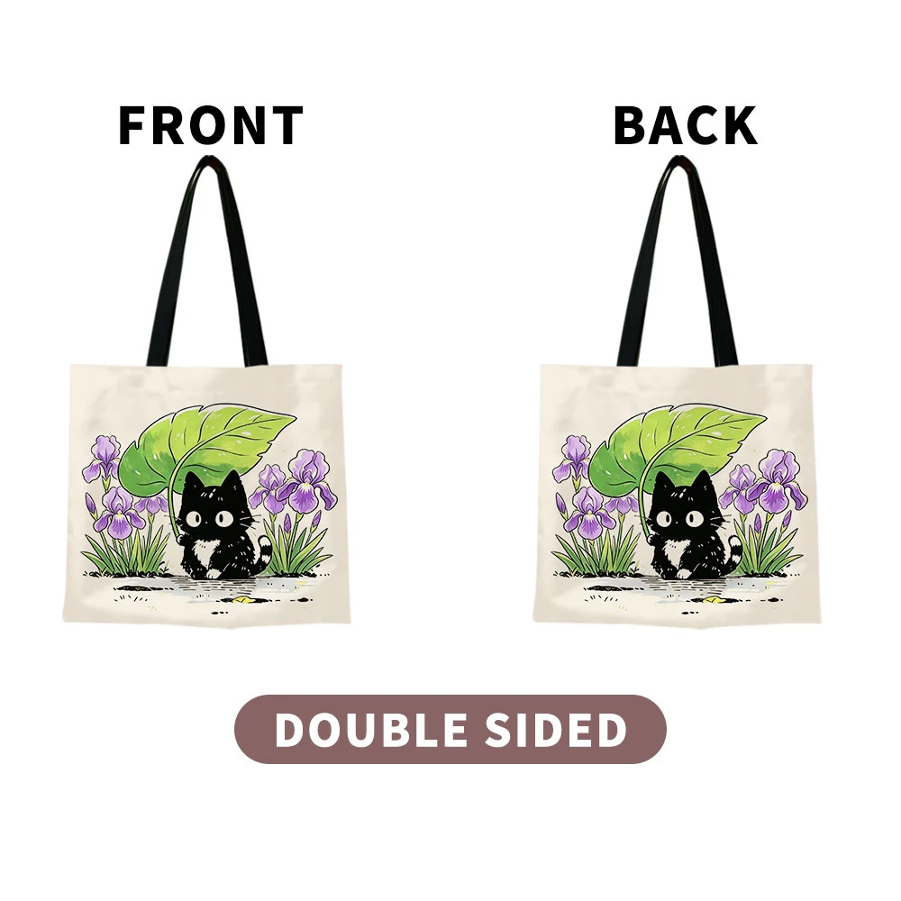 Cute Black Kitten Iris Flower Canvas Tote Bag &ndash; Adorable Cat Holding Leaf Umbrella Floral Print, Eco-Friendly Soft Shoulder Bag