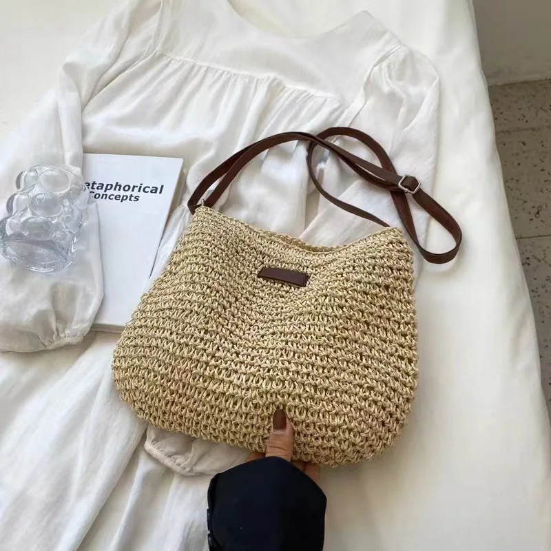 Lightweight Fresh Simple Solid Straw Woven Purse Dual-use Crossbody Shoulder Bag for Seaside Travel