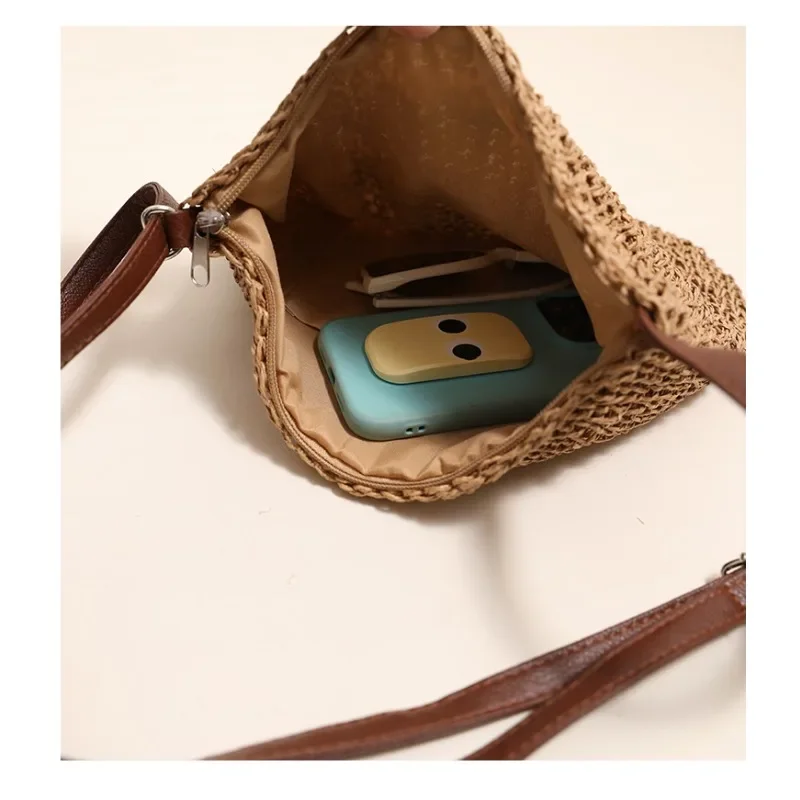 Lightweight Fresh Simple Solid Straw Woven Purse Dual-use Crossbody Shoulder Bag for Seaside Travel