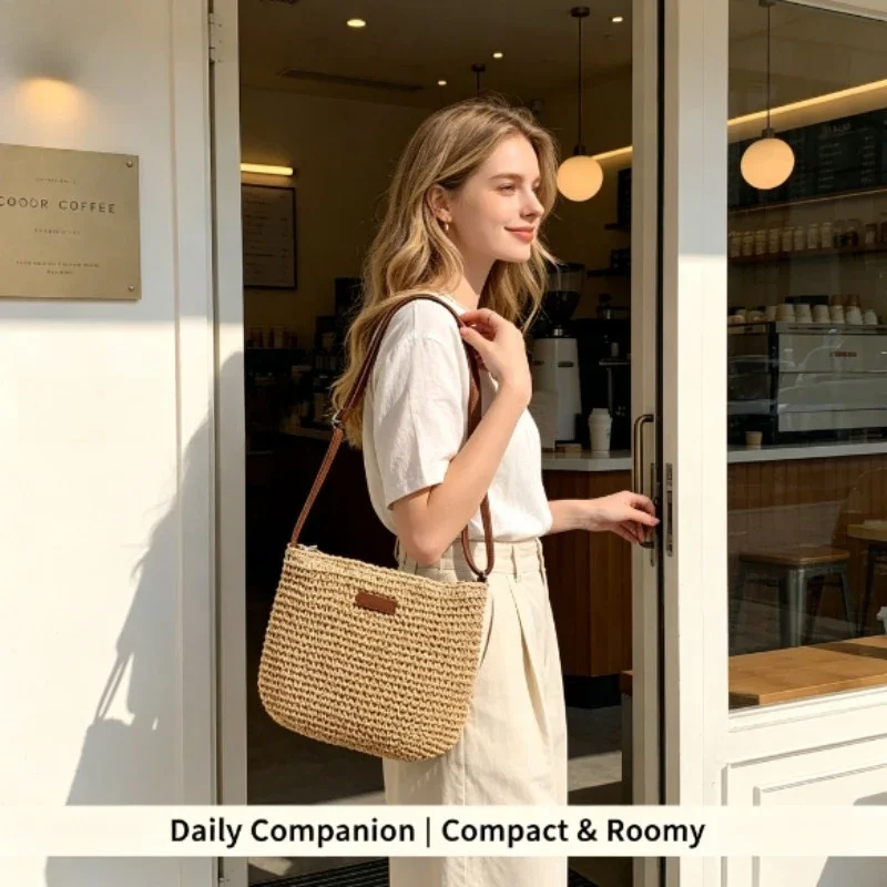 Lightweight Fresh Simple Solid Straw Woven Purse Dual-use Crossbody Shoulder Bag for Seaside Travel