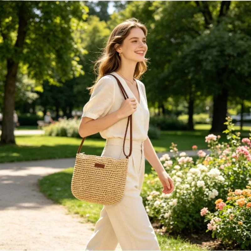Lightweight Fresh Simple Solid Straw Woven Purse Dual-use Crossbody Shoulder Bag for Seaside Travel