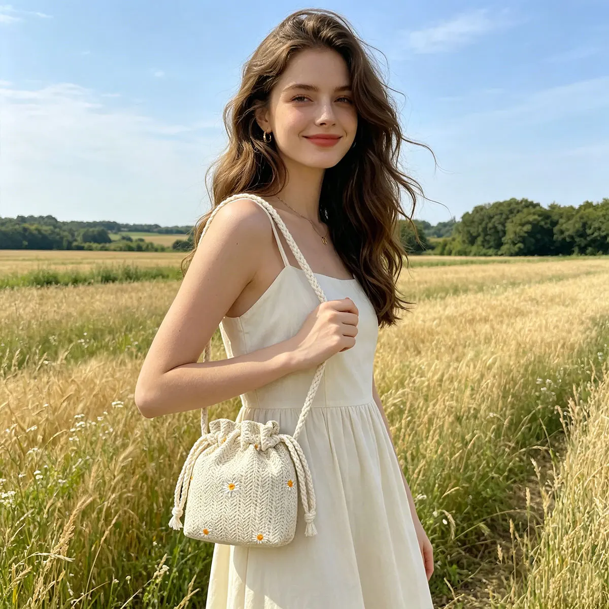 Sweet and Premium Beach Grass Woven Mini Bucket Bag Drawstring Design Single Shoulder Diagonal Crossbag Used for Vacation Travel