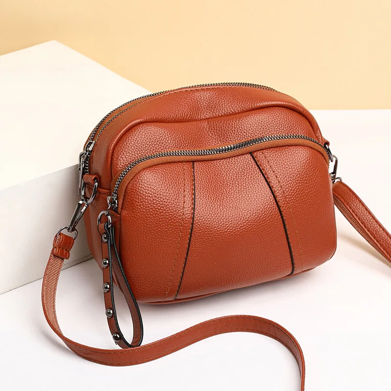 Women&rsquo;s Leather Crossbody Bag, Multi Zip Pocket, Stylish Shoulder Purse with Adjustable Strap, Perfect for Daily Use, Outings